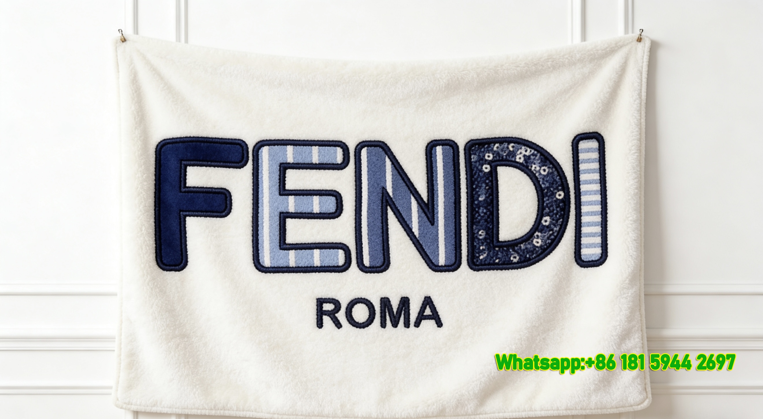 Fendi Roma Blue Patchwork FF Logo Flannel Sofa Throw Blanket Luxury Designer IMG_9350